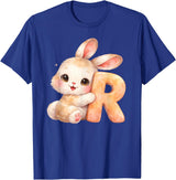 Letter R Rabbit Watercolor Cute Baby Animal Alphabet Initial T-Shirt in Royal Blue