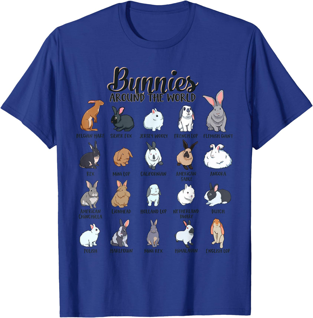 Rabbits in the World - Rabbit Breeds T-Shirt in Royal Blue