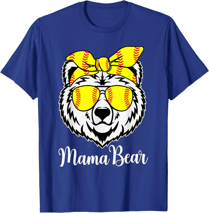 Mama Bear Face Apparel Softball Mama Bear With Sunglasses Bandana Momma Mothers Dy T-Shirt - Royal Blue