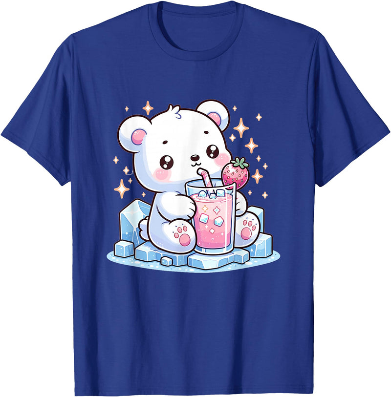 Cute Japanese Kawaii Animals Drinking Milk Co. Cute Kawaii Style Polar Bear Drinking Strawberry Milk T-Shirt - Royal Blue