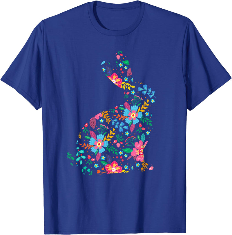Floral Easter Women Girls Easter Bunny Spring Flowers Rabbit T-Shirt in Royal Blue