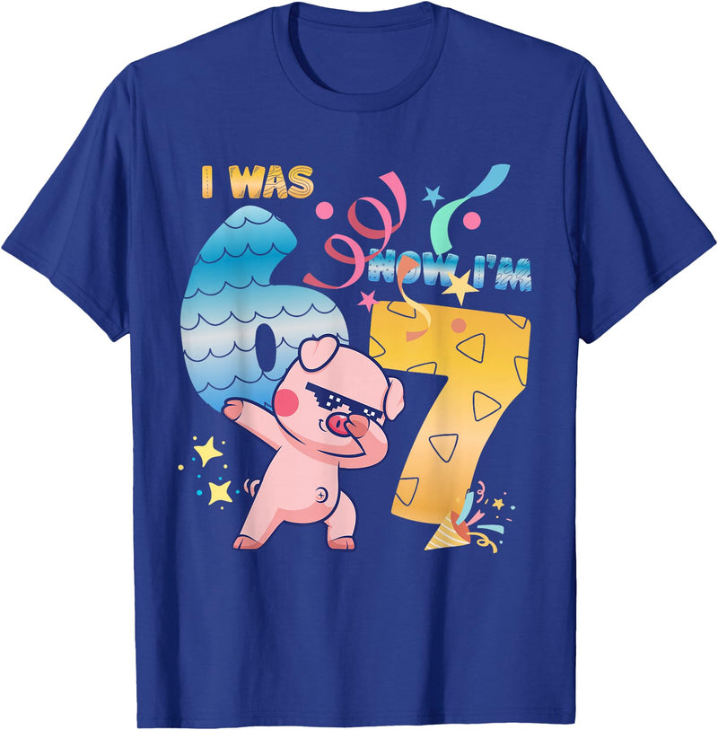 Funny 7th Birthday 6-7 Meme Pig Shir-t Kids Gift I was 6 Now I'm 7 Funny 67 Birthday Kids Boys Dabbing Pig T-Shirt - Royal Blue