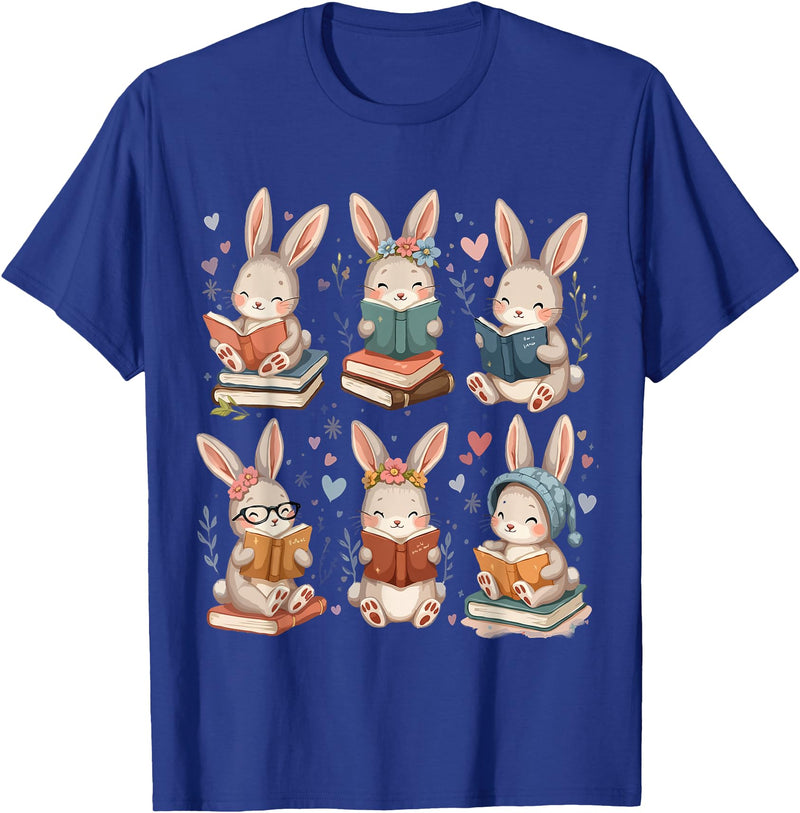 Cute Teacher Bunny Rabbit Reading Easter Bunnies Book Lovers T-Shirt in Royal Blue