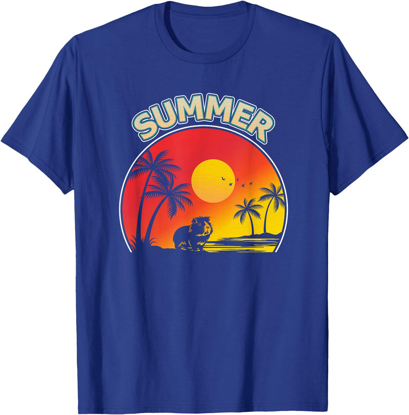 Retro Sunset Beach Guinea Pig Gifts Co Palm Tree With Guinea Pig Beach Holiday Summer Vacation T-Shirt - Royal Blue