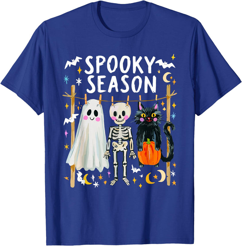 Spooky Ghost Halloween Black Cat Holding Pumpkin Preppy Halloween Ghost Skeleton Black Cat Spooky Season T-Shirt - Royal Blue