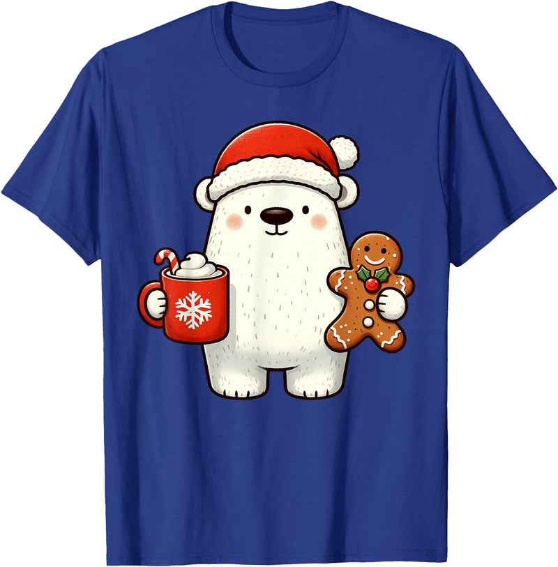 Cute Polar Bear Beanie Christmas Kawaii Japanese Polar Bear Santa Hat Christmas Holiday Xmas Coffee Cookies T-Shirt - Royal Blue