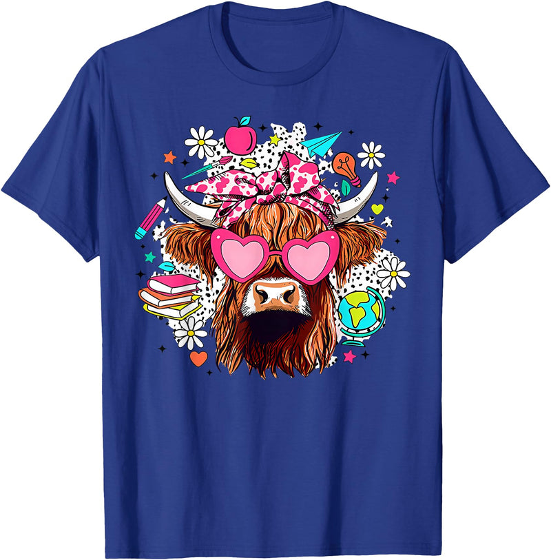 Cute Highland Cow Funny Teacher Life Retro Cute Highland Cow Teacher Bow Flower Heart Glasses T-Shirt - Royal Blue