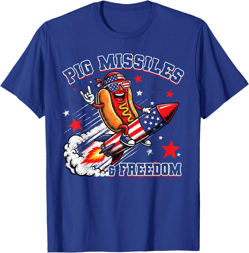 Pig Missiles and Freedom 4th of July Patriotic Hotdog T-Shirt - Royal Blue