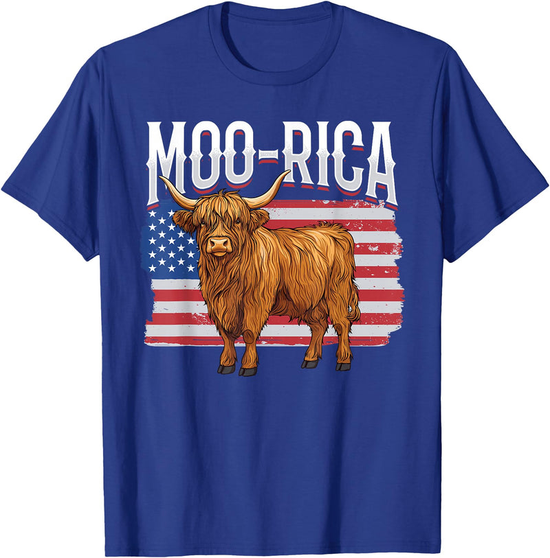 Funny Scottish Highland Cow 4th of July Scottish Highland Cow 4th of July Independence Day Moo-rica T-Shirt - Royal Blue