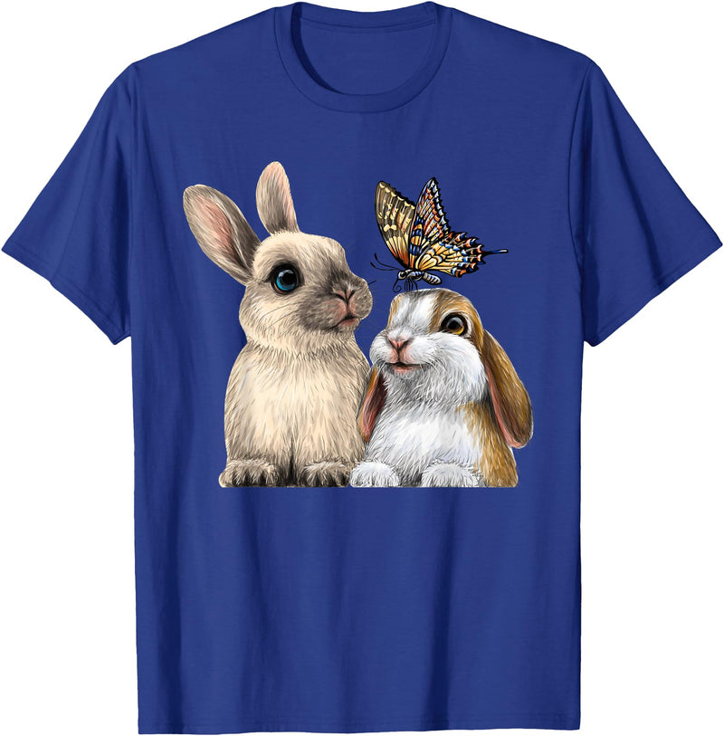 Two Cute Little Rabbits with a Butterfly for Lovers Bunny T-Shirt in Royal Blue