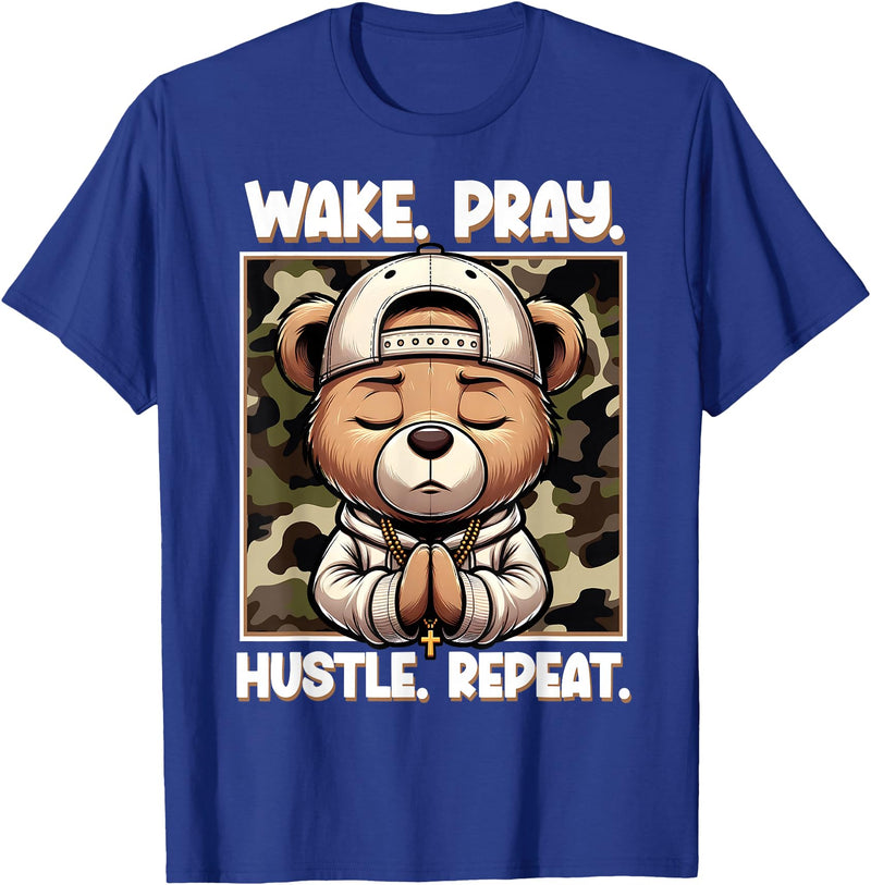Camouflage Hip Hop Teddy Bear Hustle Grind Designs Wake Pray Hustle Repeat Hip Hop Teddy Bear Boys Teens Camo T-Shirt - Royal Blue