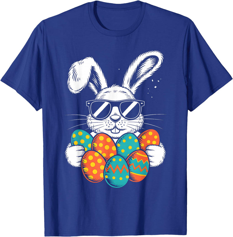 Bunny Face with Sunglasses Eggs Cool Rabbit Boys T-Shirt in Royal Blue
