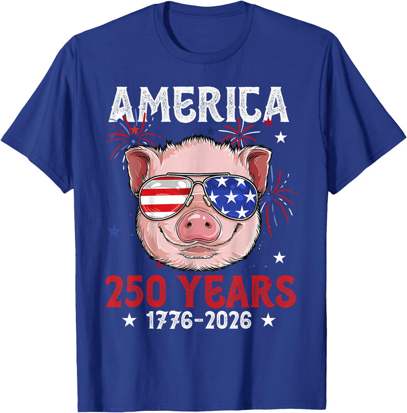 Pig Face 4th of July 1776-2026 Anniversary 250th Pig Sunglasses American Flag America 250 Years Tee 250yr Tee T-Shirt - Royal Blue