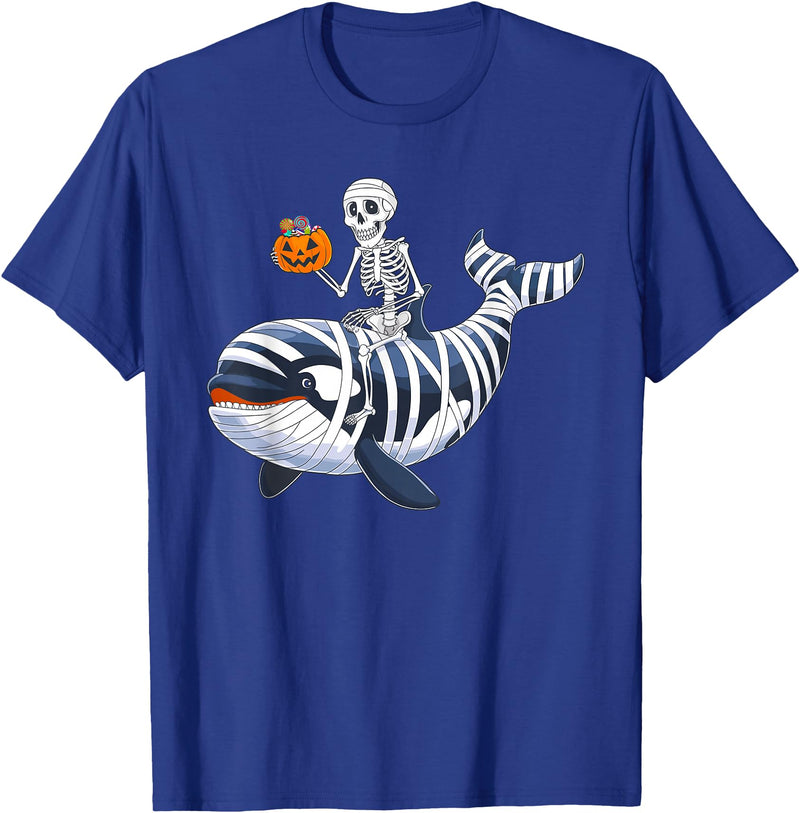 Orca Skeleton Halloween Whale Apparel Co. Skeleton Riding Mummy Orca Halloween Candy Whale T-Shirt - Royal Blue