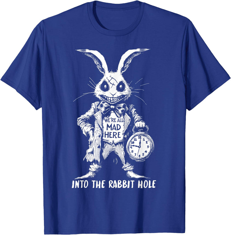 The Creepy White Rabbit in Wonderland Horror Fantasy Art T-Shirt in Royal Blue