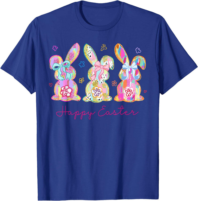 Funny Bunny Three Rabbits Eggs Happy Easter Tie Dye Trendy T-Shirt in Royal Blue