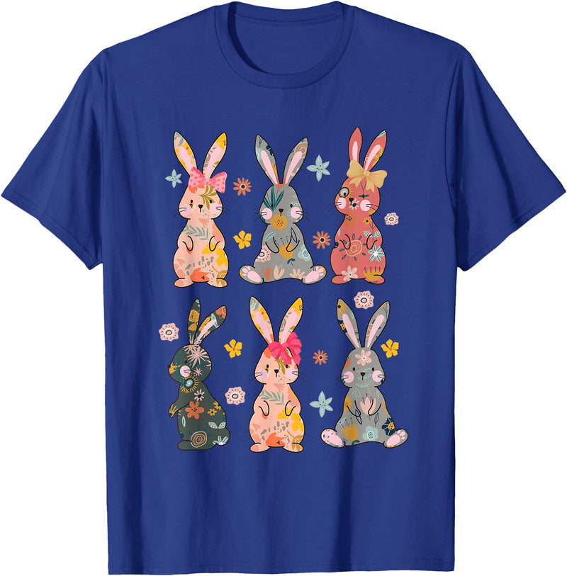 Vintage Retro Bunny Floral Flower Rabbit Easter Day Womens T-Shirt in Royal Blue