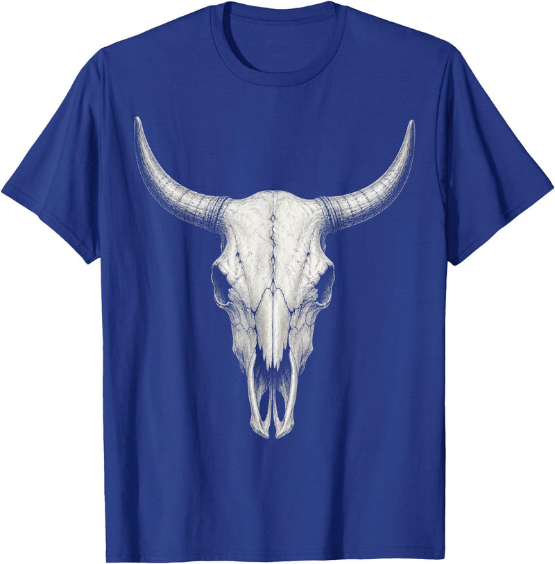 Country Western Rodeo Clothing Co. Vintage Bull Skull Western Cow Skull Longhorn Cattle Sketch T-Shirt - Royal Blue