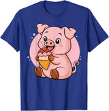 Funny Cute Pig Ice Cream Kawaii Design Pig Eating Ice Cream Graphic Boys Girls Pig Lover T-Shirt - Royal Blue