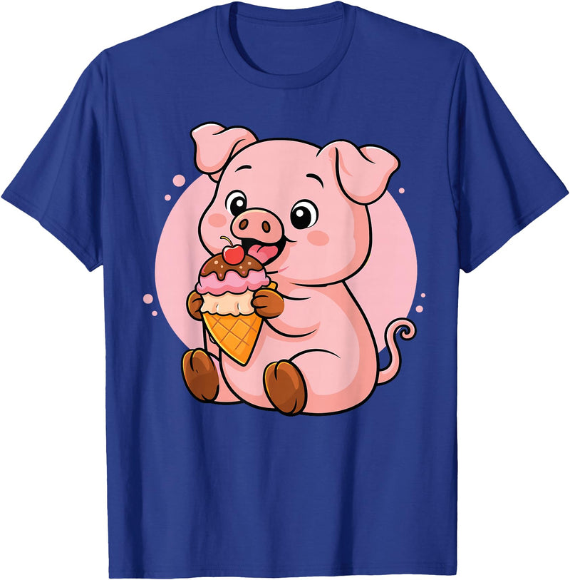 Funny Cute Pig Ice Cream Kawaii Design Pig Eating Ice Cream Graphic Boys Girls Pig Lover T-Shirt - Royal Blue