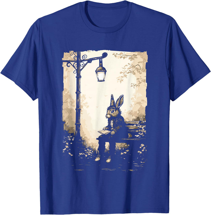 Rabbit with Book on Park Bench Bunny Lover, Men, Women, Kids T-Shirt in Royal Blue