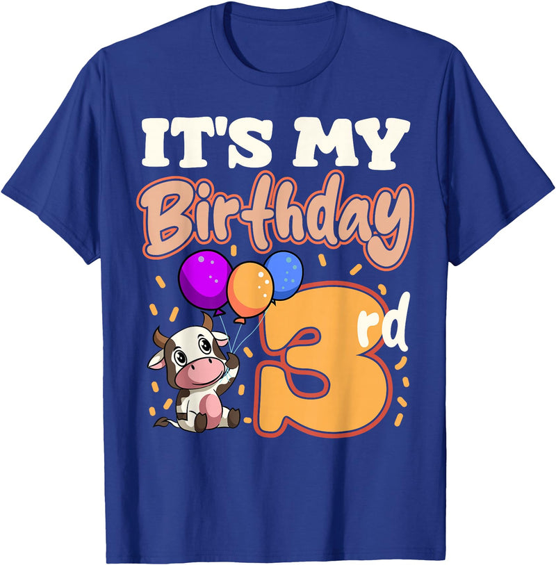 Cow Birthday 3 Party Farmyard Apparel Cow 3rd Birthday Party Balloons Moo Farm Animal Vet Barn T-Shirt - Royal Blue