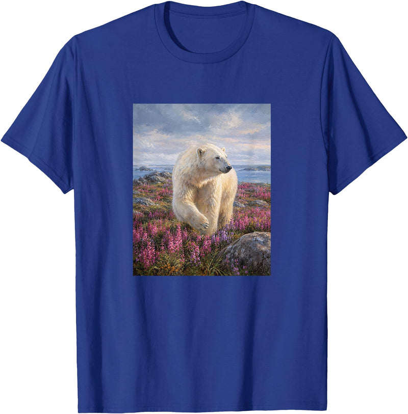 Dee Claire Art & Designs Polar Bear Summer Wildflower Meadow Nature Artwork T-Shirt - Royal Blue