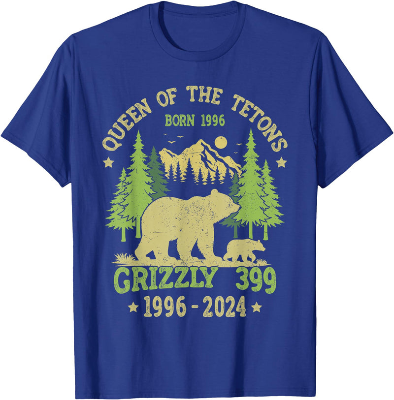 Vintage National Park Outfits Bear Lovers Apparel. Queen Of The Tetons Grizzly 399 National Park 1996-2024 T-Shirt - Royal Blue