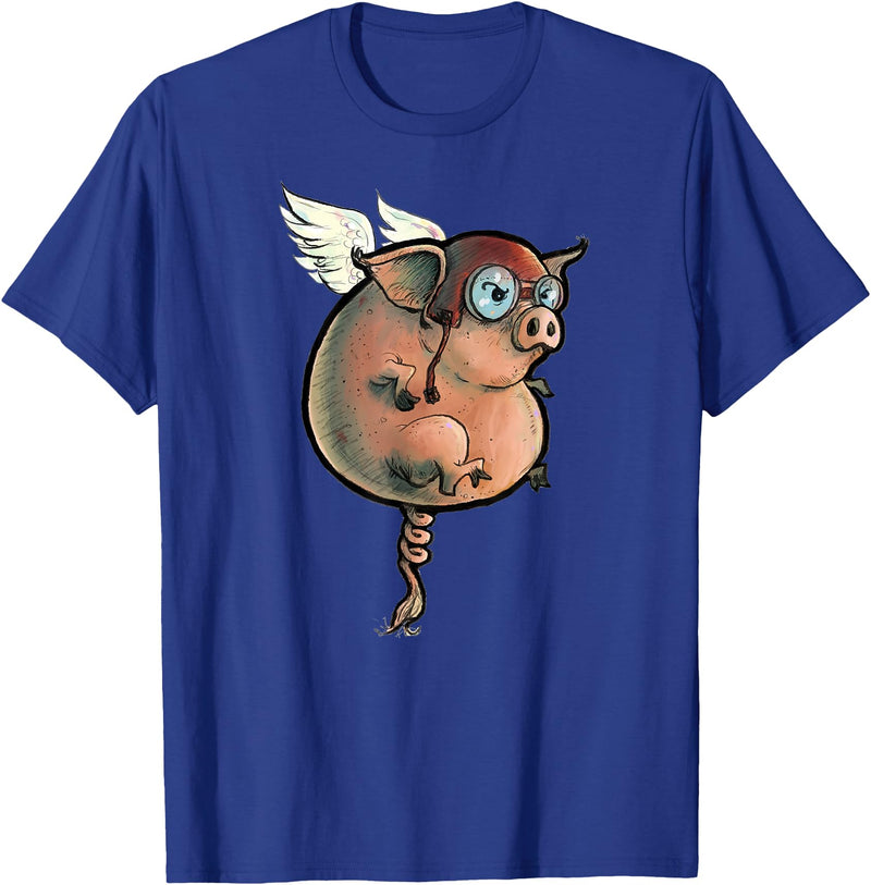 Logic Streetwear Flying Pig Funny Hand Drawn and Painted Art T-Shirt - Royal Blue