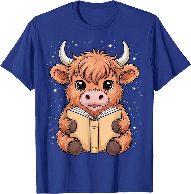 Funny Highland Cow Bookworm Lover Cute Highland Cow Reading Book T-Shirt - Royal Blue
