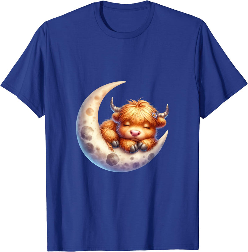 Cute Baby Highland Cow Sleeping on the Moon Heifer Farm T-Shirt - Royal Blue