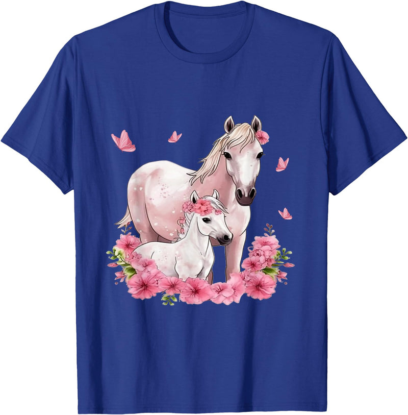 Horse Foal Butterfly Girl Flowers Horseback Riding Horse with Foal - Flowers and Butterflies T-Shirt - Royal Blue