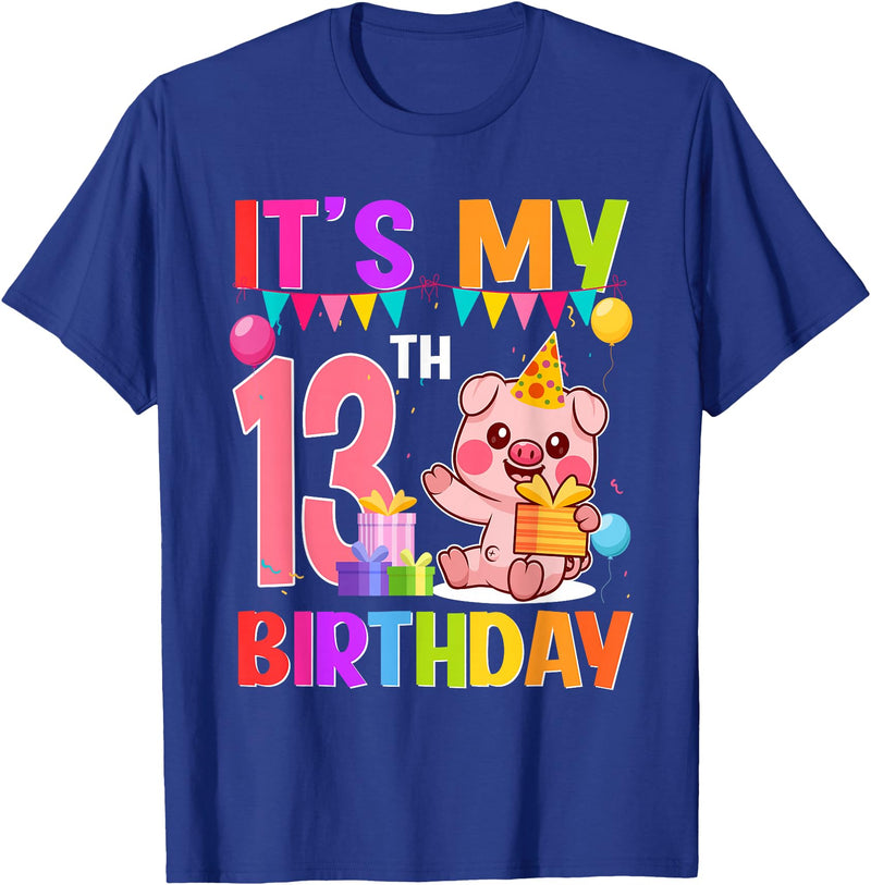 13th Birthday Pig Gift For Boys Girls 13 Years Old Birthday Pig Theme Party It's My 13th Birthday T-Shirt - Royal Blue