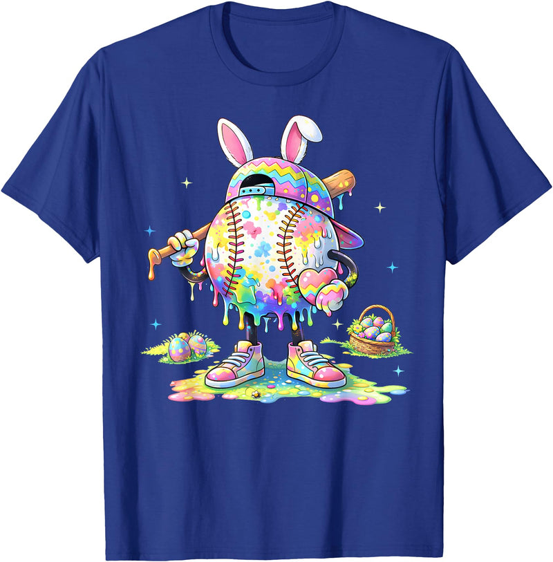 Dripping Tie Dye Rabbit Baseball Easter Bunny Men Boy Kid T-Shirt in Royal Blue