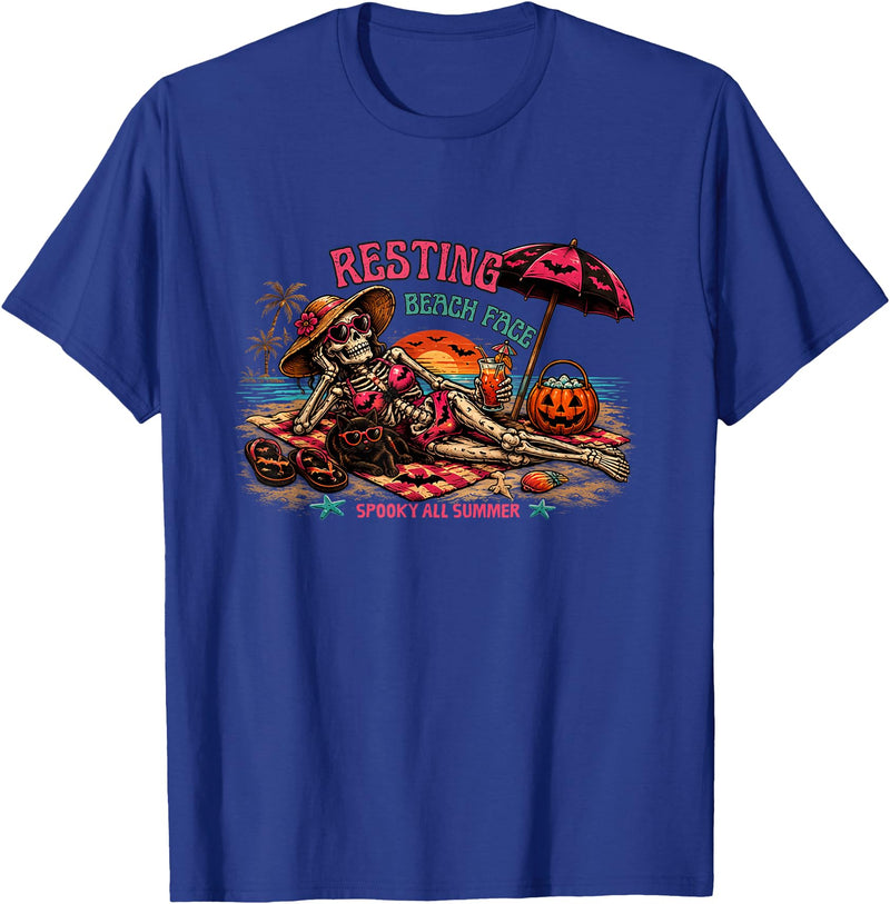 Spooky Summer Vibes retro summerween halloween Funny Skeleton Beach Halloween Resting Beach Face summerween T-Shirt - Royal