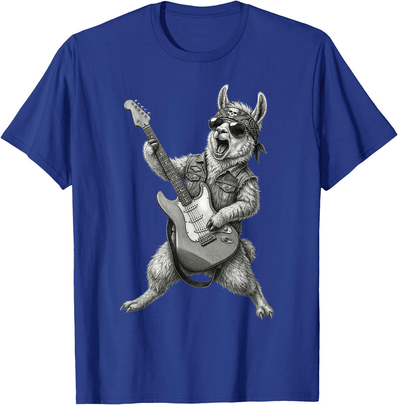 Rock Guitar Llama Stuff Accessories & Gifts Llama Playing Guitar Rock & Roll Llamas Alpaca Rocker Music T-Shirt - Royal Blue