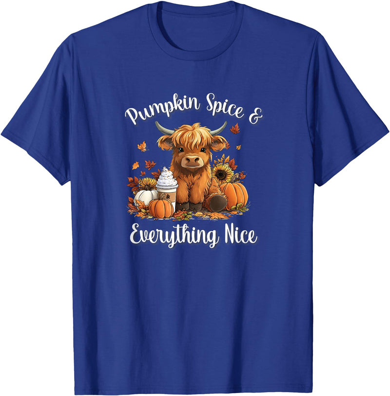 Boho Cowgirl Fall Y'all Gifts T Shirts & Hoodies Womens Pumpkin Spice & Everything Nice Highland Cow Lover T-Shirt - Royal