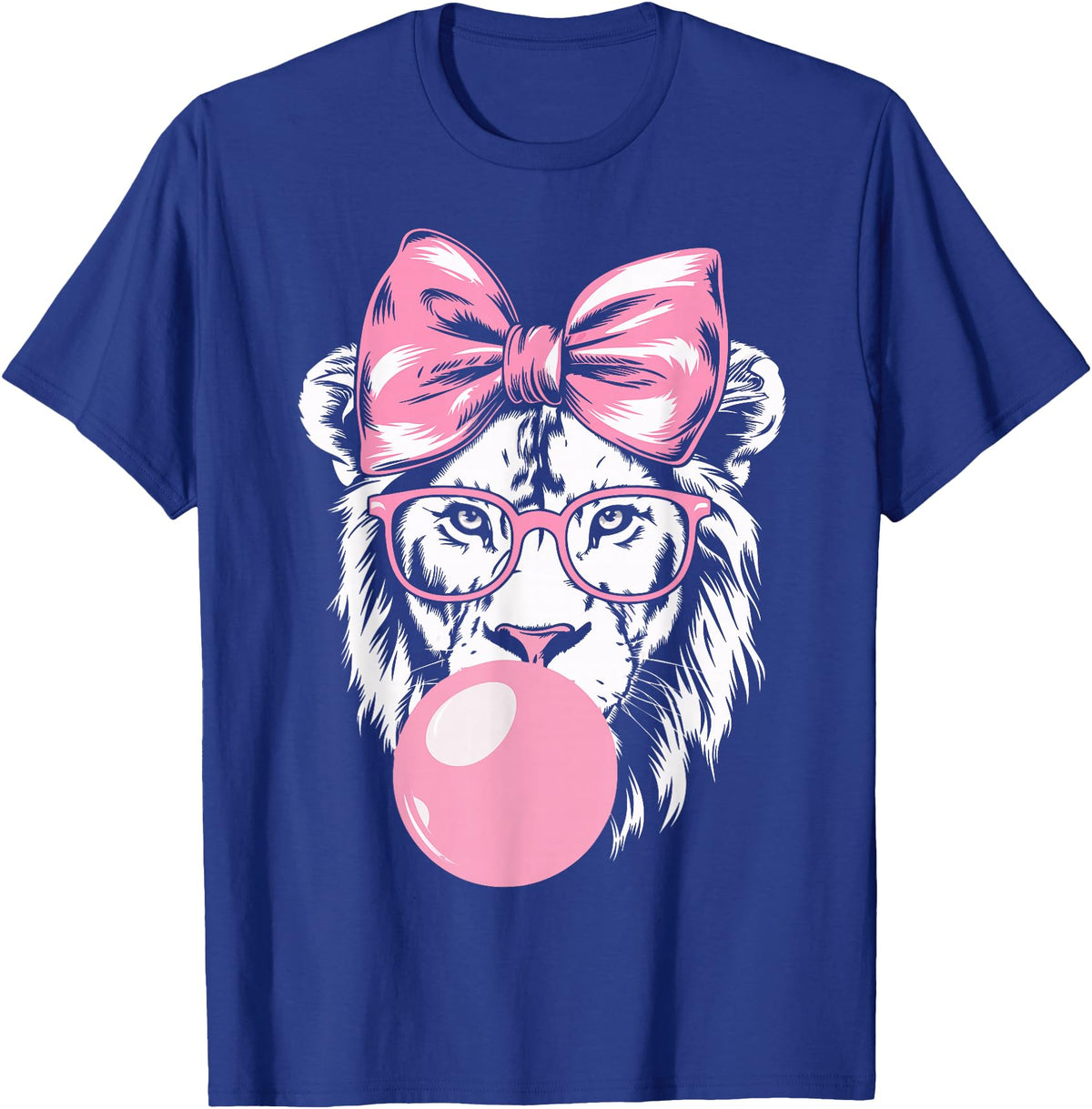 Lion Bubblegum Lion Wearing Glasses and Blowing Pink Bubble Gum T-Shirt - Royal Blue