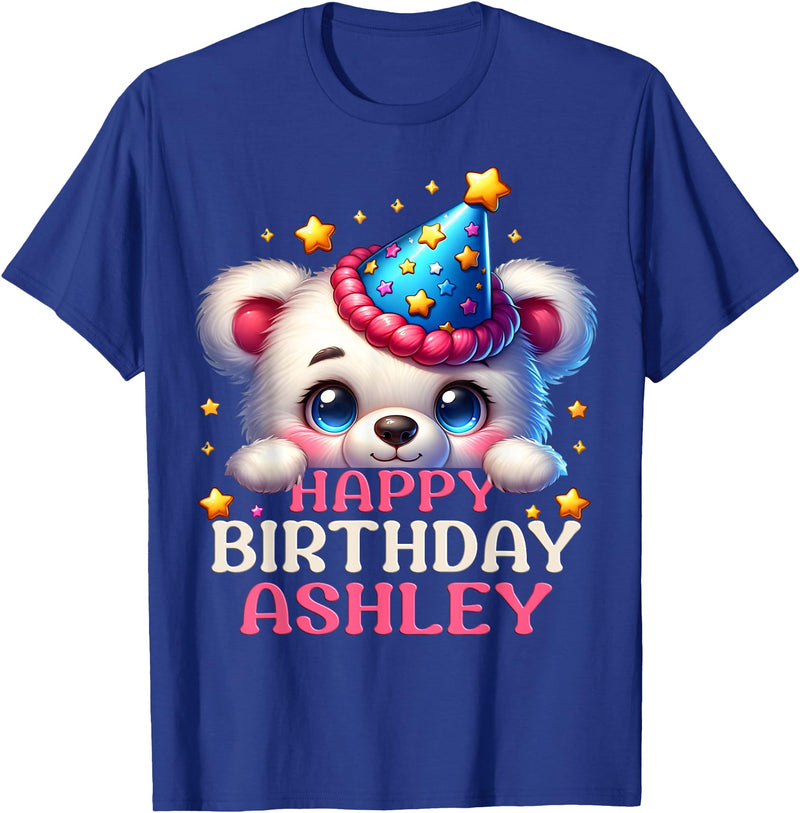 Birthday Teddy Surprise Customized First Name Tee Celebrating Ashley's Birthday Party with a cute Teddy T-Shirt - Royal Blue