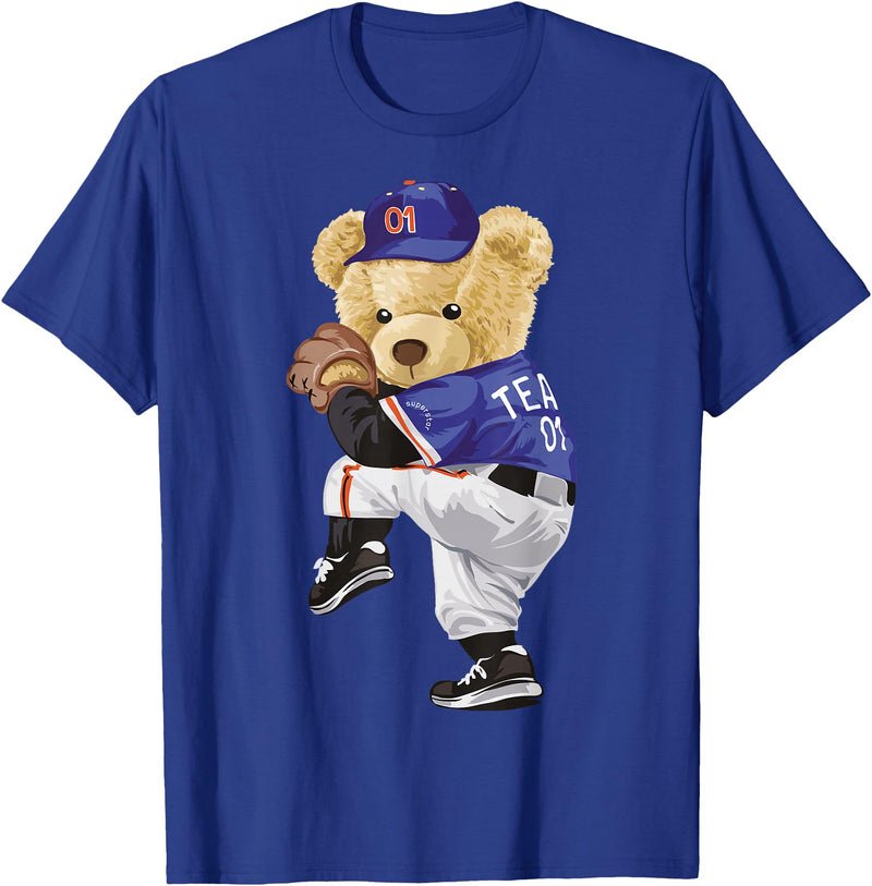BERSLL Cute Teddy Bear Baseball Jug Sweatshirt T-Shirt - Royal Blue