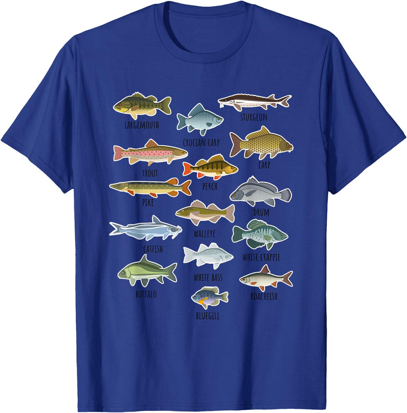 NABZR Angeln Geschenke & T-Shirts Types of Freshwater Fish Fishing T-Shirt - Royal Blue