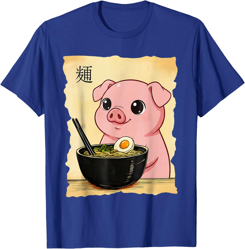 Funny Pig Anime Eating Ramen Pig Ramen Japanese Kawaii Anime Pig T-Shirt - Royal Blue
