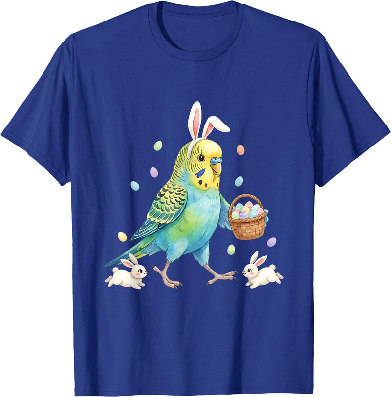 Cute Easter Bunny Rabbit with Eggs Whimsical Parakeet Design T-Shirt in Royal Blue