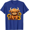 Cute Scottish Highland Cow Sunflower Highland Cow Farm T-Shirt - Royal Blue