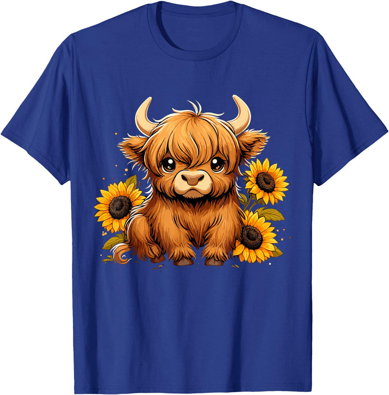 Cute Scottish Highland Cow Sunflower Highland Cow Farm T-Shirt - Royal Blue