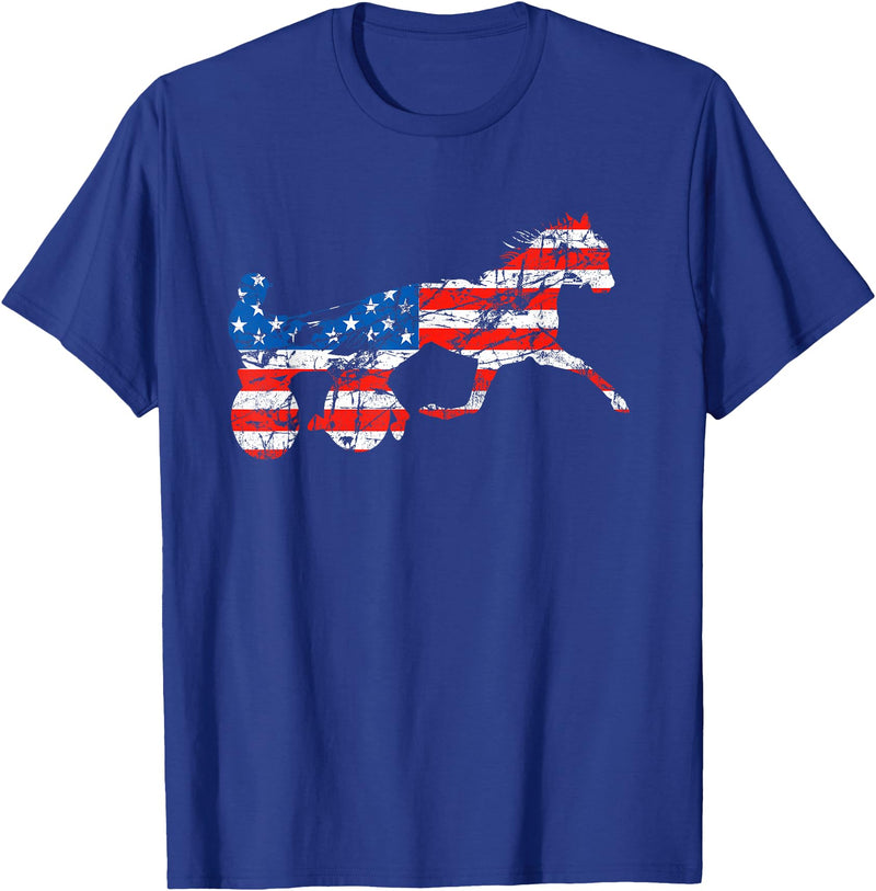 Unique Horse Racing Gifts Co. Vintage Harness Racer USA Flag Trotting Horse Harness Racer T-Shirt - Royal Blue