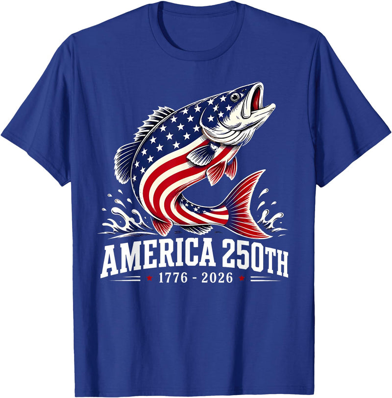250 America Years 1776 2026 Fishing USA Flag Patriotic Leaping Salmon American Flag Fishing 4th of July T-Shirt - Royal Blue