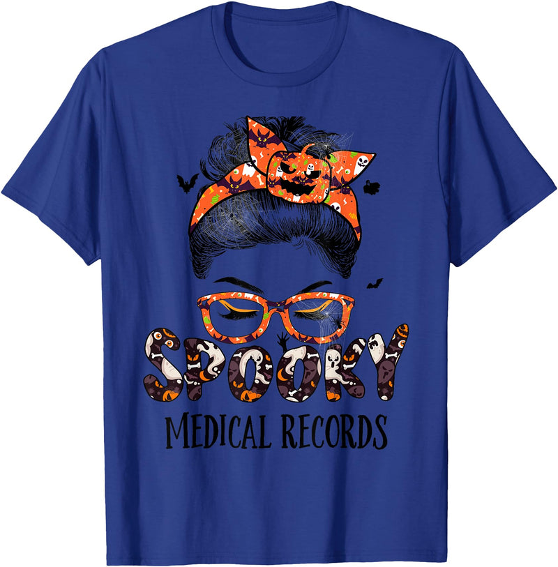 TeeaxArt Spooky Halloween Gifts Messy Bun Spooky Medical Records Pumpkin Halloween Bat T-Shirt - Royal Blue