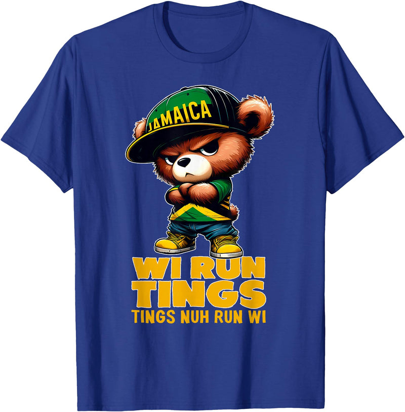 Jamaican Gifts for proud Jamaican Men, Women, Kids WI RUN TINGS Teddy Bear Jamaica Flag Shirt Jamaican Clothing T-Shirt - Royal Blue