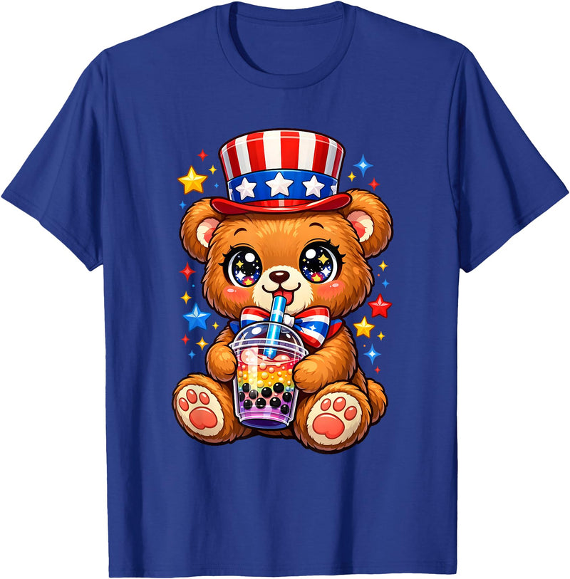 Kawaii Red White and Blue Fourth July Little Kids Cute Teddy Bear Patriotic 4th July Gift Bubble Boba Tea USA T-Shirt - Royal Blue